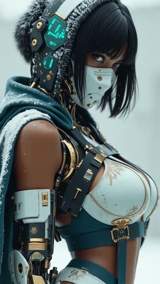 A futuristic cybernetic military female operative with medium-dark skin wearing a snow camouflage tactical bodysuit and a high-tech arctic hood with synthetic fur, a white visor mask glowing with HUD data, and a thermal cape in a snowy background.