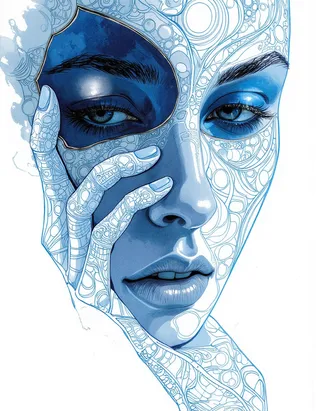 A highly detailed blue watercolor and line-art portrait of a female face with intricate patterns and a serene expression, featuring meditative designs and realism.