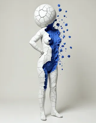 A sculpted figure made of cracked porcelain with a hollow midsection filled with vibrant blue energy and fragments floating away, symbolizing identity restoration and vulnerability.