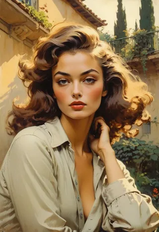 Romanticized portrait of a beautiful young woman with voluminous hair in a beige shirt, set against a vibrant Tuscan mansion courtyard background.