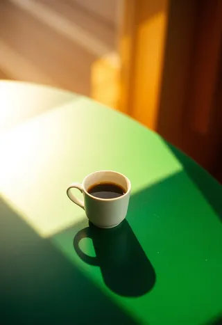 Small white espresso cup filled with coffee on a bright green table under warm natural sunlight, casting a long soft shadow with golden hour tones.