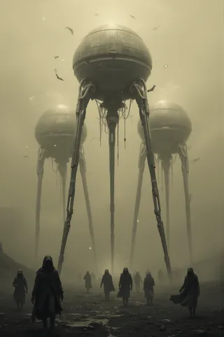Foggy sepia-toned landscape with towering tripod machines holding reflective globe capsules and cloaked figures walking below in tattered garments.