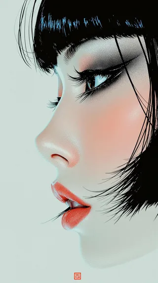 Perfil en primer plano de una joven mujer ciberpunk japonesa representada en estilo pop-art audaz con texturas de semitono, con piel de porcelana, sombra de ojos oscura, labios carmesí y corte de cabello bob negro afilado.