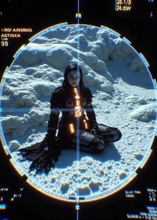 A futuristic satellite interface view centered on a headless figure seated on icy, cratered terrain of Callisto with telemetry data and glowing digital UI overlays.