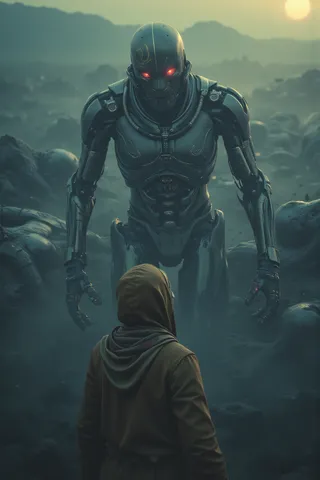 A cinematic scene showing a metallic Cylon with glowing red eyes looming over a hooded human figure in a mystical landscape with slumbering elder gods and an eerie glow.