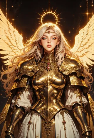 Highly detailed digital painting of a celestial angel with long blonde hair, golden armor, luminous golden wings, a radiant halo, and a dark starry background.