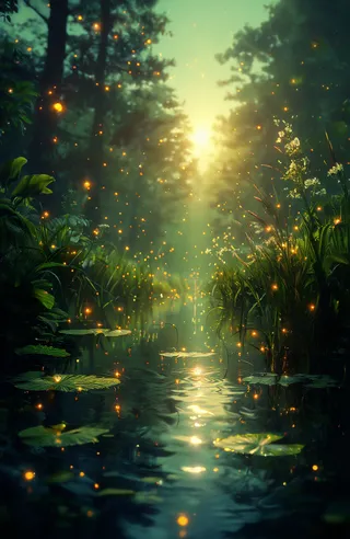 Digital painting of a serene forest pond at sunset with glowing fireflies, lily pads floating on calm water, and soft diffused light filtering through tall trees.