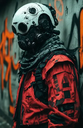 Futuristic armored character wearing a weathered white helmet with dials and breathing apparatus, black gas mask, and red tattered jacket standing against a graffiti-covered gray wall with orange and black graffiti under dim greenish lighting in a cyberpunk dystopian setting.