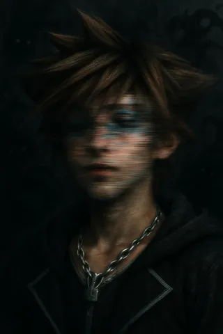 Close-up of Sora's face with glitch effects, blurred in motion, surrounded by black abstract textures inspired by heartless, evoking mystery and tranquility.
