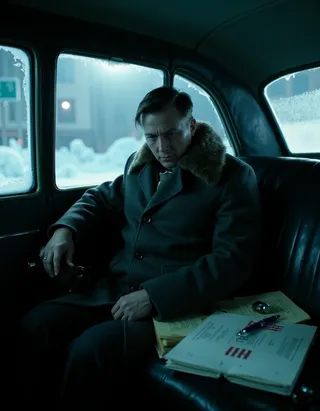 Weary Soviet politician in a thick coat with fur collar sitting slouched inside a vintage GAZ-12 ZIM limousine's dimly lit backseat during winter, surrounded by Soviet paperwork and frosted windows.