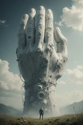 Huge white marble sculpture of fingers emerging from the earth on grassy plain with a person standing in front under a cloudy sky, retro analog photo style.