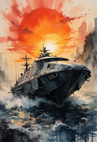 A sleek military hovercraft in greys and blacks rides swiftly across a choppy ocean with dramatic splashes, highlighted against a large vibrant orange sunset in an ink wash painting style.