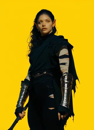 Realistic portrait of a female warrior monk with long black hair, pointy ears, wearing torn black clothing, metal vambraces, bandage wraps, holding a staff against a yellow background.