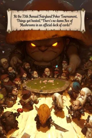 童話世界中的奇幻撲克比賽，矮人與魔法生物圍繞著一張圓桌，主導著場面的則是一個大而發光眼睛的蘑菇巨人。