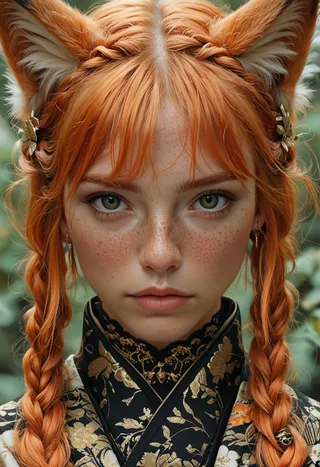 Close-up photorealistic portrait of a young woman with striking orange braided hair, fox ears, green eyes, and freckles wearing a black and gold floral kimono.