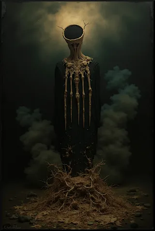 A haunting, surreal skeletal figure with an empty, circular head and long, bone-like extensions, standing amid twisted roots and dark smoky background under a moody cinematic light.