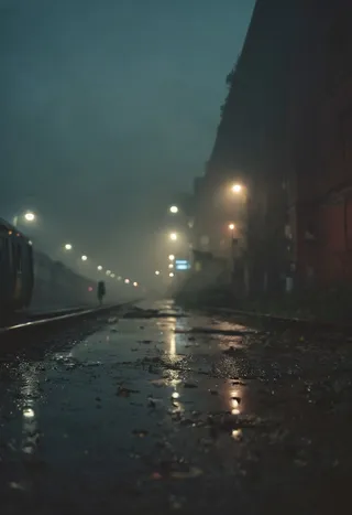 Moody foggy urban scene of a wet train station platform at night with dim street lights, blurry silhouette and reflections on wet ground
