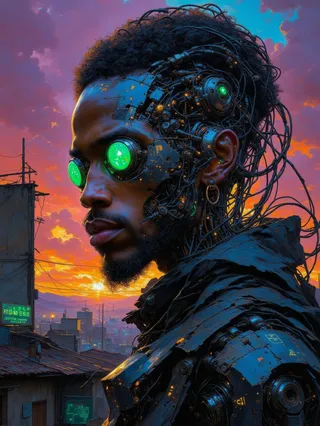 Portrait of a cybernetic man with round green glowing eye implants, wires bound in bundles on his head, set against a vibrant sunset over a rooftop cityscape.