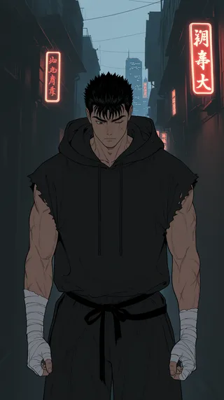 Muscular male with short spiked black hair, scar across one eye, wearing a sleeveless black hoodie with ripped sleeves and bandaged hands standing in a neon-lit misty alley at night.