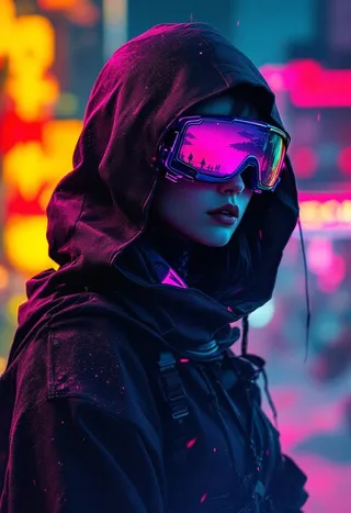 Female cyborg assassin wearing a black hooded kimono and armor, with reflective futuristic neon-pink sunglasses, illuminated by colorful city lights in a dystopian environment.
