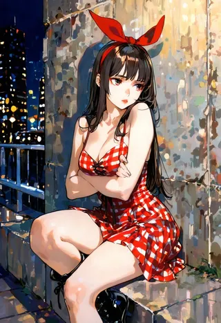 An Asian woman with dark hair wearing a red and white gingham mini dress and a matching red hairband sits on a concrete ledge at night. She leans against a textured wall with crossed arms and a bored expression, set against a blurred cityscape backdrop, rendered in a painterly watercolor style.