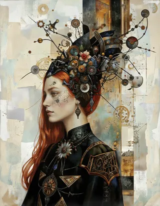 Profile digital illustration of a red-haired woman wearing an intricate mechanical headdress with gears, flowers, and wires, set against a textured grungy background.
