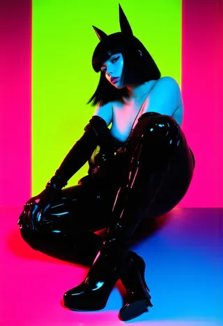 Female model in glossy black latex bodysuit and high heels, wearing a black bunny ears mask, illuminated with vibrant neon pink, lime green, and electric blue lighting.