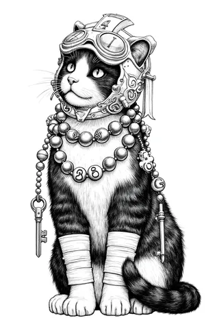 Black and white pencil drawing of a black and white cat wearing an intricate steampunk helmet with goggles, a beaded necklace with numbers, bandaged front paws, and keys hanging from its jewelry.