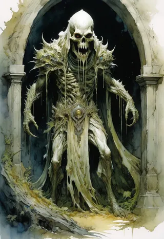 A ghoul creature made of slime with a skeletal face and rotten teeth, standing in a dilapidated tomb entrance with dark background and decayed details.