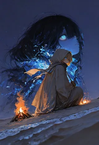 A hooded figure with glowing blue eyes sits by a bonfire at night in a desert, with a large ethereal image of a woman with glowing blue eyes behind.