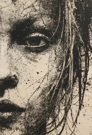 Black and white grunge etching extreme close-up of a woman's face with textured lines and detailed shading.