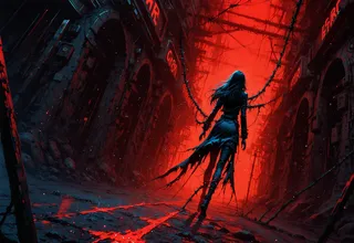 A dark sci fi horror landscape with a red glowing background, featuring a lone figure walking surrounded by barbed wire and glitch effects.