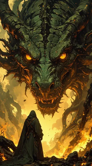 A cloaked figure in a green robe stands motionless facing a colossal dragon head with cracked stone-like scales and glowing amber eyes amidst a burning forest with flames and smoke.
