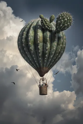A hot air balloon resembling a large spiky cactus with a woven basket flying in a cloudy sky, surrounded by birds.