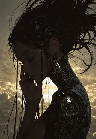 Side profile silhouette of a woman with black glossy intricate patterns on her skin against a richly clouded sky background with chiaroscuro lighting.