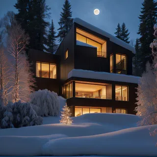Modern cantilevered mansion illuminated at night with floor-to-ceiling windows, surrounded by snow-covered pine trees and a full moon in the Russian tundra.