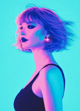 Photorealistic portrait of a young woman with short hair styled with bangs, wearing glam dark makeup and jewelry, captured from the side with a pink and blue digital glitch effect.