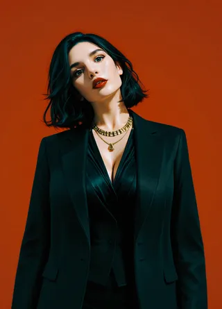 Strikingly beautiful woman with black hair and red lips wearing a black jacket and gold necklaces, posed against a red background in a photorealistic style.