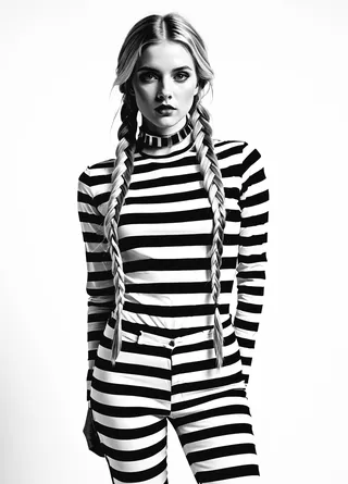 Portrait of a female model with long blonde braided hair wearing a black and white striped outfit against a white background.