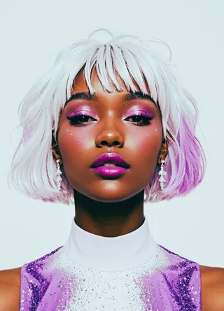 Confident dark-skinned woman with short white hair and purple-tinted ends, wearing purple eye makeup and lipstick, with sparkling earrings and a pastel purple outfit.