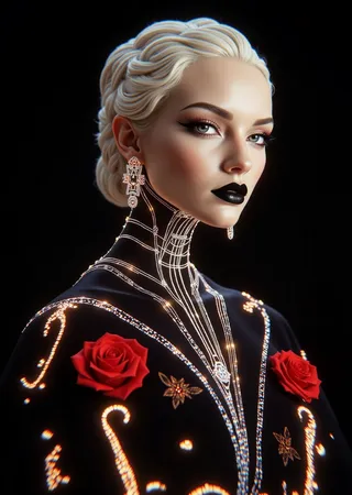 Portrait of a platinum blonde woman with black lipstick wearing an Alexander McQueen couture jacket adorned with red 3D printed roses and intricate ornamental embellishments on enhanced structural shoulders against a black backdrop.
