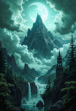 A mystical digital fantasy landscape featuring a towering jagged mountain with a glowing crescent moon in the sky, surrounded by dramatic clouds, cascading waterfalls, lush forests, and an ancient tower on a rocky cliff.