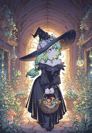 A young witch with green hair wearing a large black hat decorated with flowers, holding a woven basket filled with mushrooms and herbs in a pastel-colored indoor garden filled with magical plants.