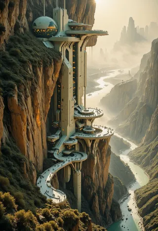 A futuristic, sci-fi skyscraper with balconies and cascading platforms built into a rocky cliffside overlooking a winding river valley during golden hour with foggy atmosphere.