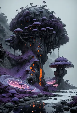 A towering black alien monolith covered with purple mushrooms and glowing orange bioluminescent fungus, set in a foggy, sci-fi landscape with obsidian stone and water.