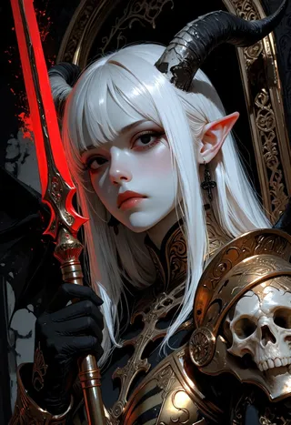 Close-up of a dark fantasy character with white hair, black horns, pointed ears, clad in ornate golden armor adorned with skull motifs, holding a red glowing spear.