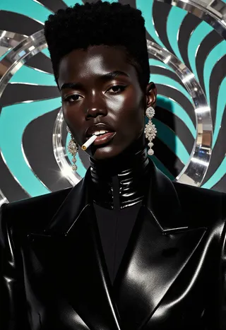 Stylized portrait of a dark-skinned person with glossy skin, wearing a sleek black blazer and high-top fade hairstyle, against an optical illusion geometric background.