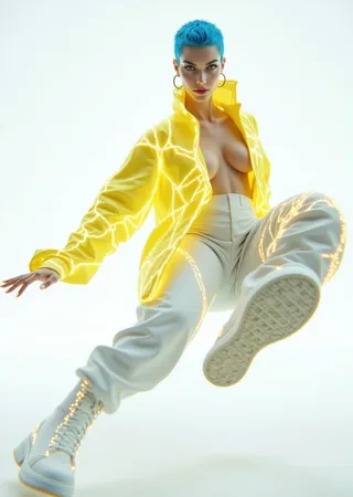 Low-angle dynamic shot of a dancer with blue short hair wearing a loose yellow jacket and beige pants, executing an energetic kick with a white background.