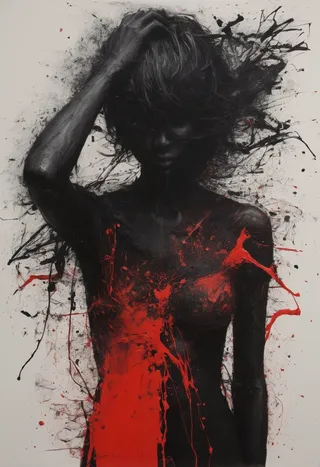 Abstract dark silhouette of a woman with messy hair and a dramatic red paint splash across her chest and arm, inspired by Richard Hambleton.