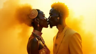 Side view of a Kenyan couple adorned with steampunk-style jewelry in gold and bronze tones, passionately kissing amid billowing yellow dust and magical realism lighting.